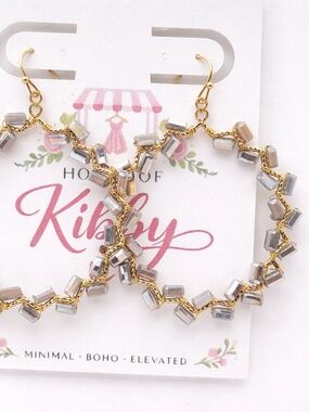 Gold Hoop Earrings Gray Faceted Beads Boho Chic Wire Wrapped Statement Earrings